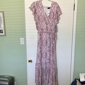 Lane Bryant Pink and White Ruffled Wrap Maxi Dress
